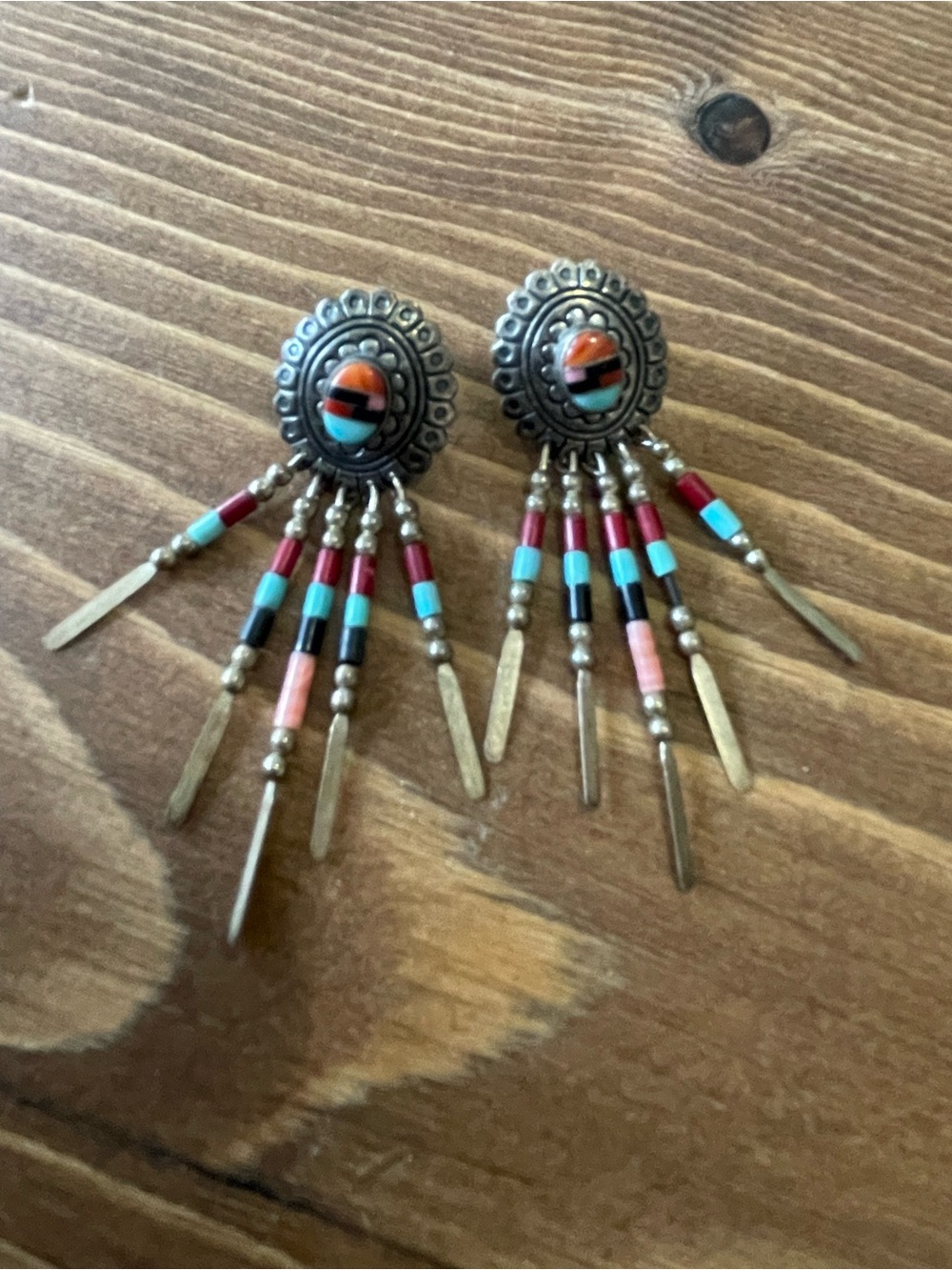 Native American Style Dangle Earrings with Turquoise and Coral inlay